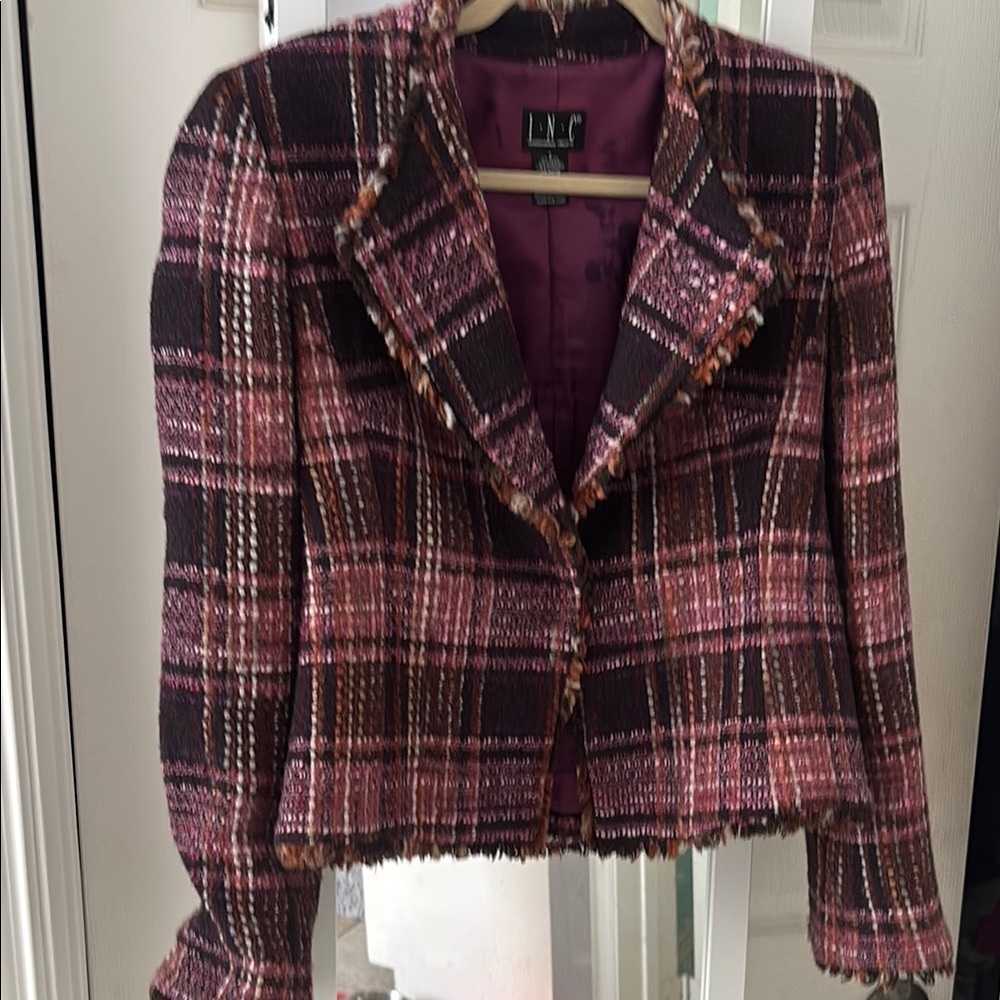 INC International Concepts Pink and Brown Plaid Tweed Blazer